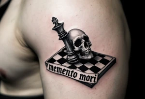 A chessboard with a fallen black king piece shaped like a skull, with "memento mori" in elegant black Gothic lettering across the board’s edge. tattoo idea
