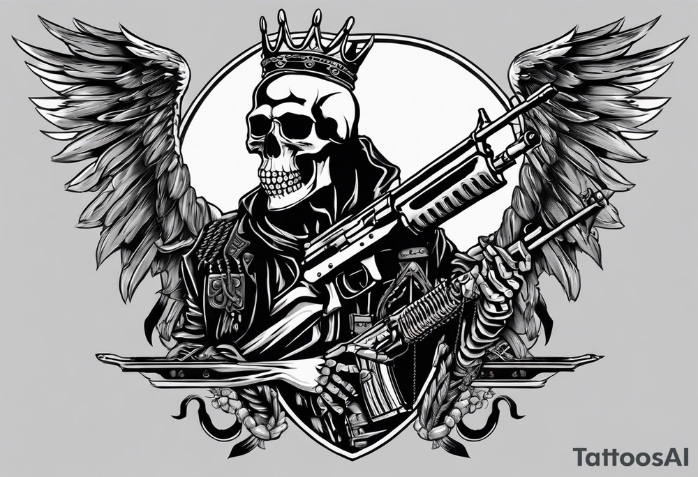 image of a skeleton standing frontally with a crown on his head, holding an AK-47 on his shoulder with his right hand. The chain on the left should be taut, there are three angry barking Dobermans in it, near the waist tattoo idea