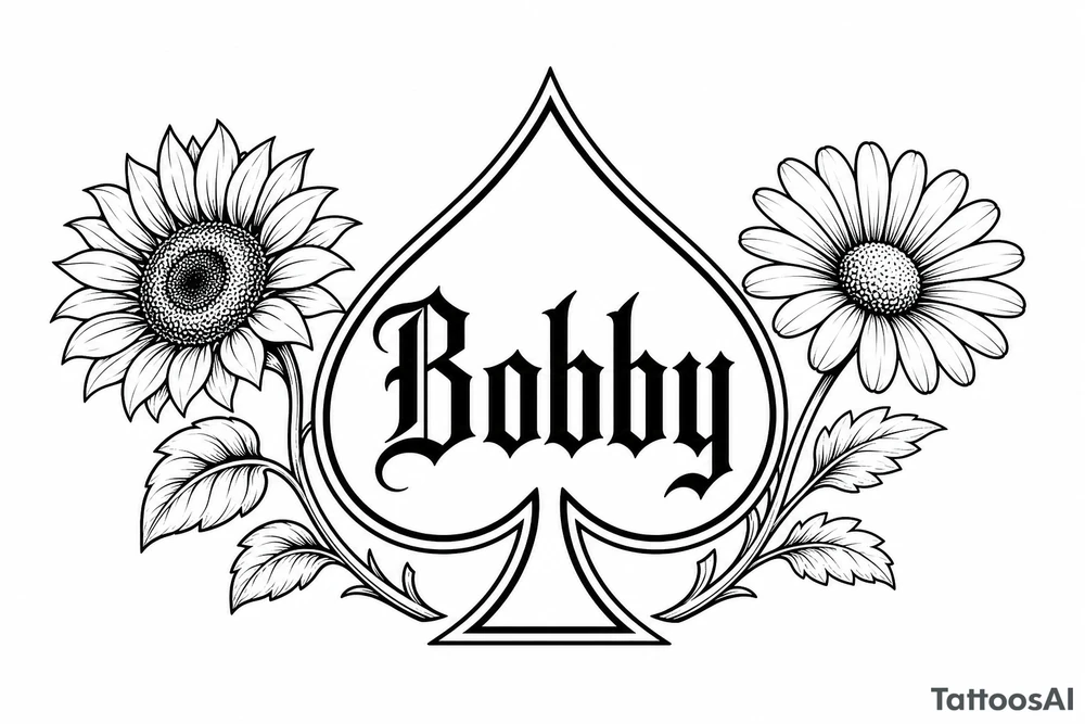 Bobby middle center inside the middle of the  with a sunflower and a daisy on each side of the spade very super extremely traceable to trace onto notebook paper, very super extremely easy and simple traceable tracing black and white outlining outline coloring pages very super extremely traceable to trace onto notebook paper tattoo idea