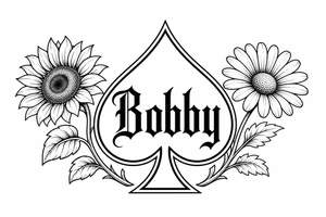 Bobby middle center inside the middle of the  with a sunflower and a daisy on each side of the spade very super extremely traceable to trace onto notebook paper, very super extremely easy and simple traceable tracing black and white outlining outline coloring pages very super extremely traceable to trace onto notebook paper tattoo idea