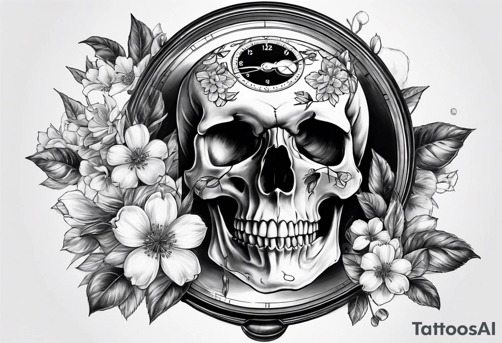 Stopwatch skull and cherry bloom tattoo idea