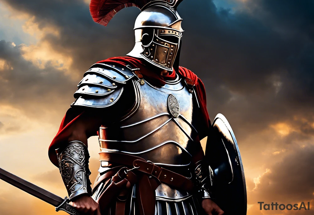 a high ranking roman soldier from AD 60, wearing armour which must include an armoured belt, breastplate, armoured shoes, shield, helmet and sword.
the soldier must look strong. the soldier is faceless. The image must include the full person, not just the top half. The soldier is mid-battle, fending off flaming arrows with his shield tattoo idea