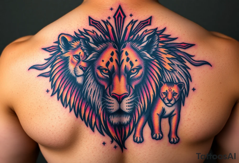 Male, female and cub lions tattoo idea
