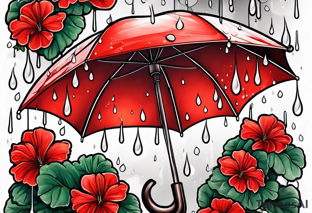 Upside down Umbrella with red geraniums with rain drops tattoo idea