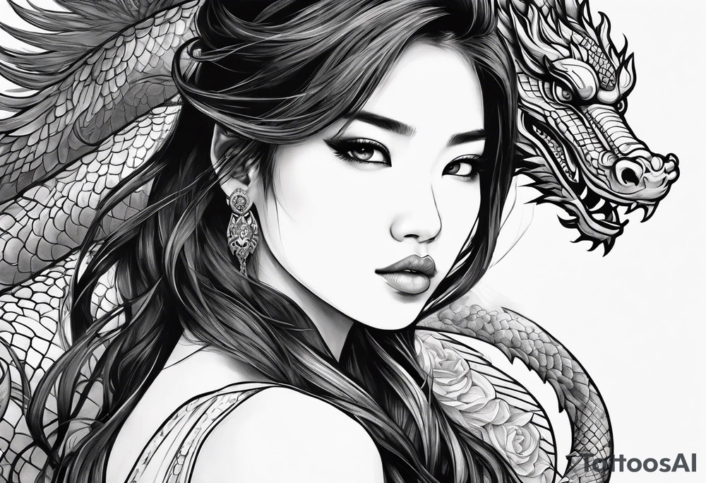a girl surrounded by asian dragon with wings tattoo idea