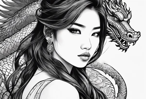 a girl surrounded by asian dragon with wings tattoo idea