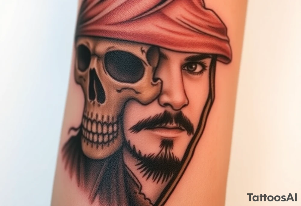 A side-profile portrait of Jack Sparrow with a shadowy skull in the background, symbolizing his connection to death and the supernatural, shaded in grayscale with faint red and gold highlights tattoo idea