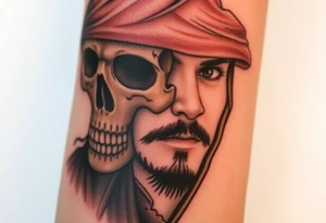 A side-profile portrait of Jack Sparrow with a shadowy skull in the background, symbolizing his connection to death and the supernatural, shaded in grayscale with faint red and gold highlights tattoo idea