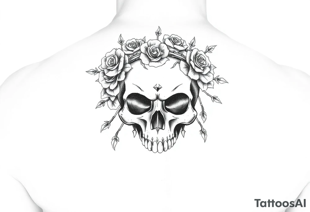 ornate skull adorned with crown of wild roses and thorns tattoo idea