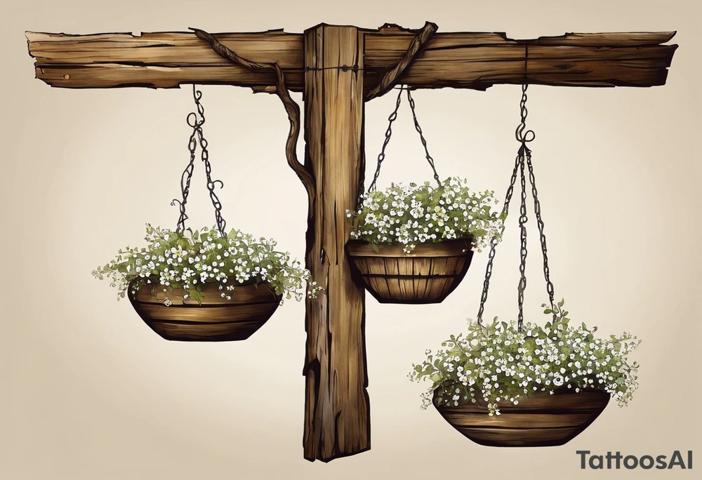 I need you to draw me a old libra scale out of tattered wood. The ends of the cross of wood need to be  broken. I need the bottom to look tattered possible cracks and holes  in wood of scale. I need vines with little white flowers wrapped all the way up the scale across the wood beam. And I want the scale bowls need to be attached by the vines. And I want the two weights of the scale to be wooden as well. They also need to look tattered. The weights need to be fastened on by the vines. I need to make it look like the ends of the vines on both scales is just loosely. I need to incorporate pieces koi fish in beautiful blues greens, and pinks.The fish need to be one on each scale balancing the scale and the tail of the left on, pointing down. the beautiful fish tail fins needs to be covering part of the tattered piece and the fish on the rights tail will be facing unpard with the fin of beauty starting to court the same pic the pieces fish need to be placed in the scale bowls the need to of large size to so theyv  Fill each scale and are currently out of it tattoo idea