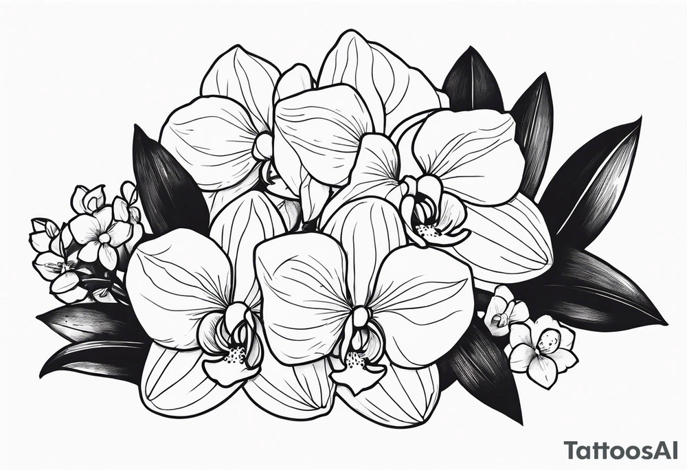 2 inch bouquet with hydrangeas and orchids tattoo idea