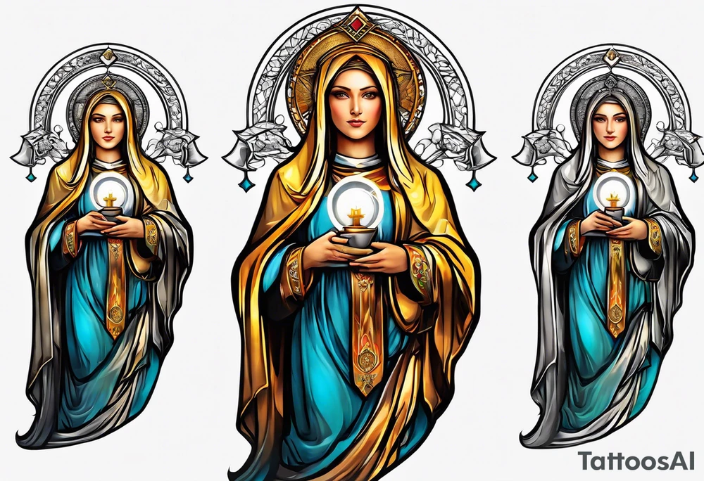 holy saint woman with halo holding a chalice tattoo idea