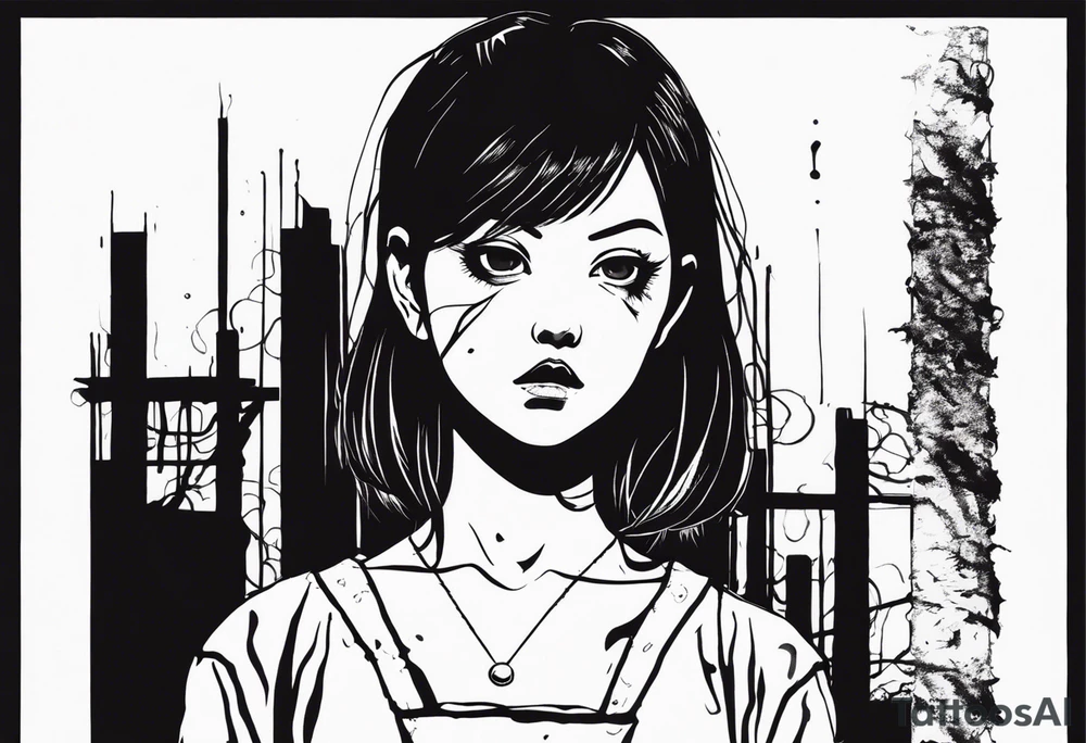 portrait of tomie standing up a character by the horror manga author junji ito full body standing murderously. add more horror and gore elements tattoo idea