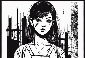 portrait of tomie standing up a character by the horror manga author junji ito full body standing murderously. add more horror and gore elements tattoo idea