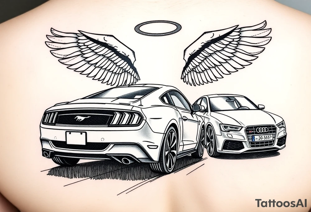 2014 Mustang GT driving down highway with 2015 Audi S5 with Angel wings and halo above 2015 Audi S5 tattoo idea