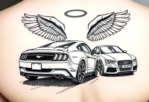 2014 Mustang GT driving down highway with 2015 Audi S5 with Angel wings and halo above 2015 Audi S5 tattoo idea