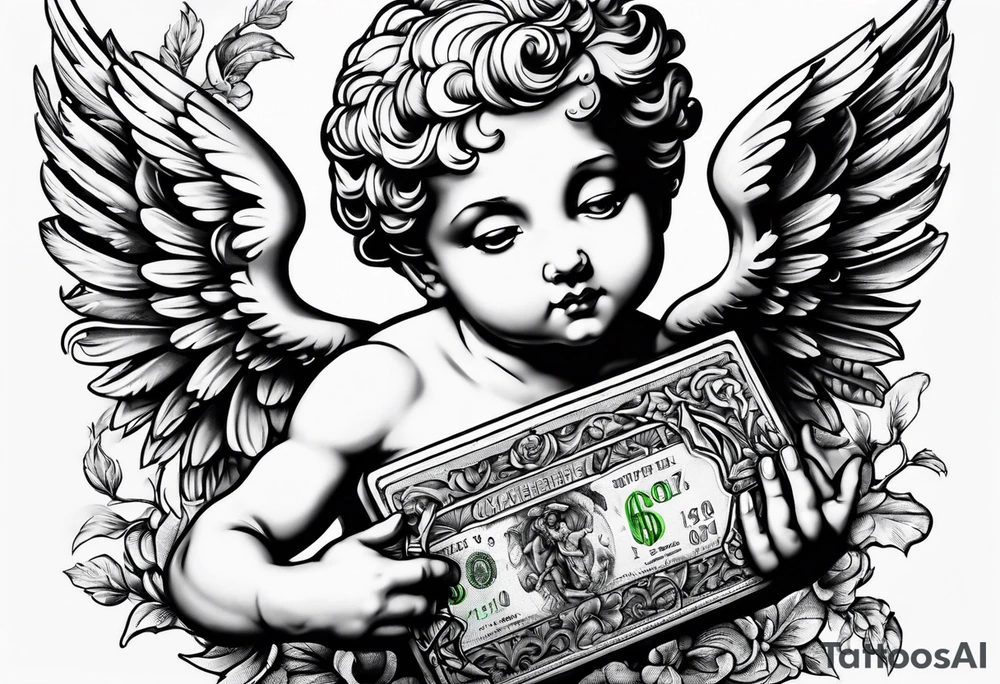 a cherub holding a money bag tattoo idea