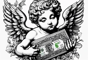 a cherub holding a money bag tattoo idea