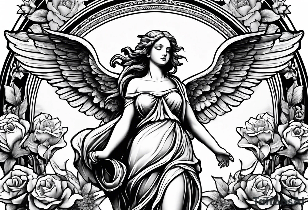Angel statue stood on a rock with daffodils and roses wrapped around its legs tattoo idea
