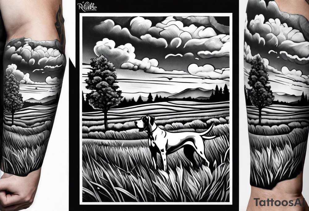 full arm sleeve. Rolling fields and Tennessee mountains with 4 Great Dane dogs running together in the field tattoo idea
