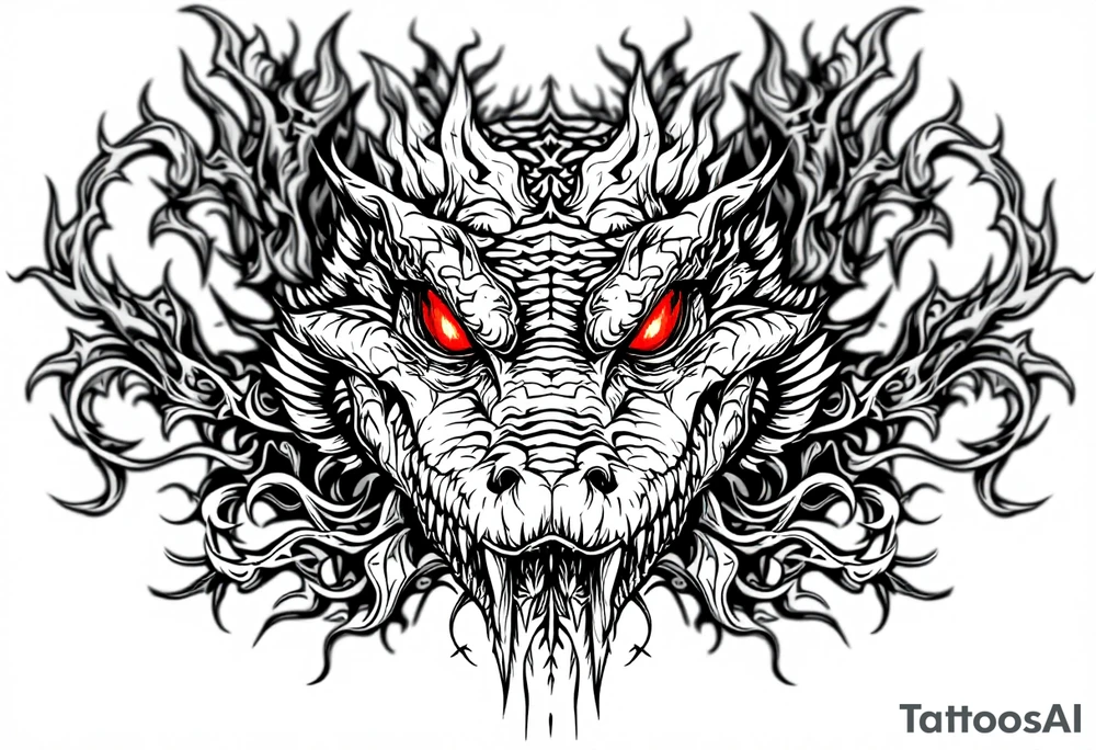 powerful majestic aligator with red eyes, surrounded by death ornaments tattoo idea