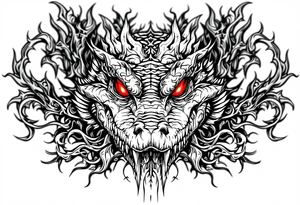 powerful majestic aligator with red eyes, surrounded by death ornaments tattoo idea