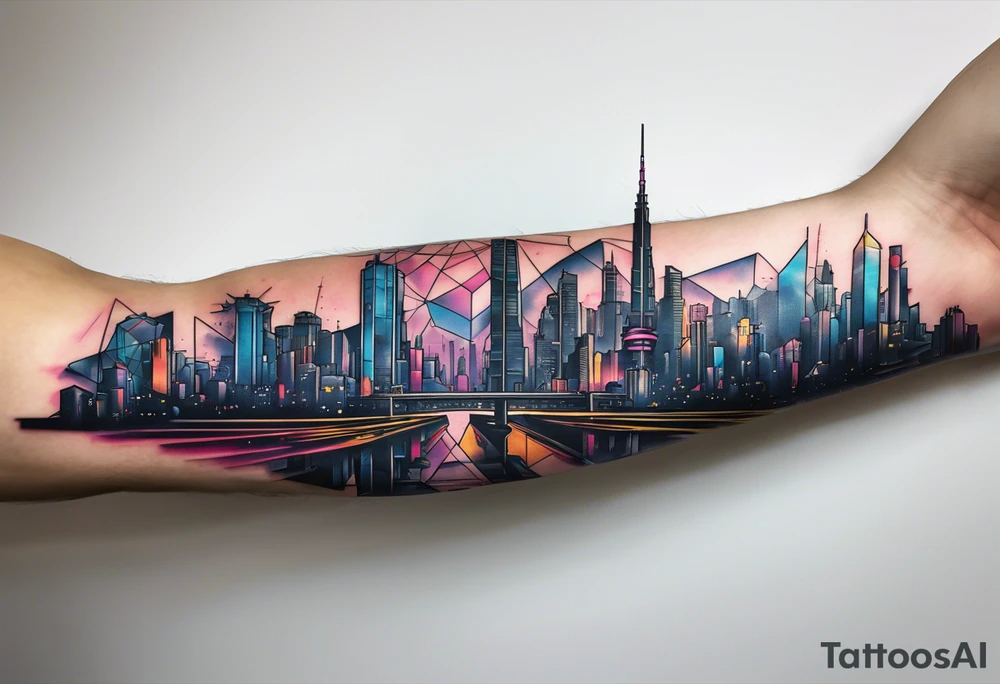 cyberpunk 2077, forearm tattoo, geometric, subtle, men, city skyline tattoo idea