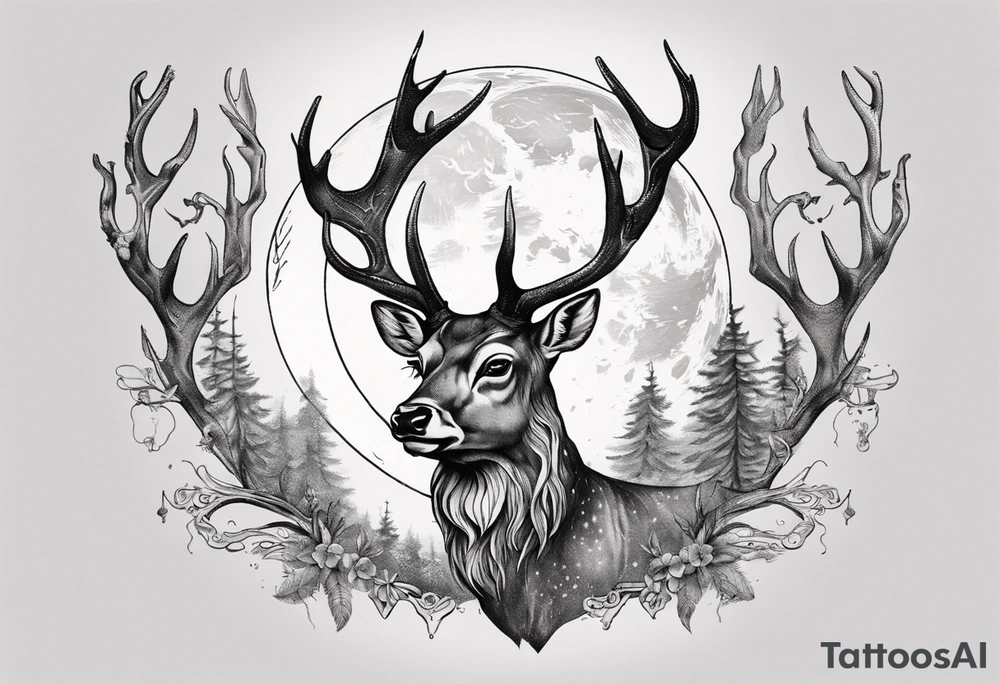 Magical stag with the view of the moon in between its antlers tattoo idea