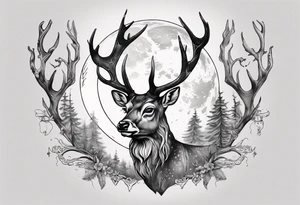 Magical stag with the view of the moon in between its antlers tattoo idea