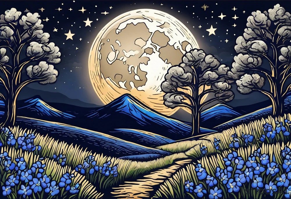 full moon with a lasso around it and stars in the background. Put the moon and stars over a field of bluebonnets tattoo idea