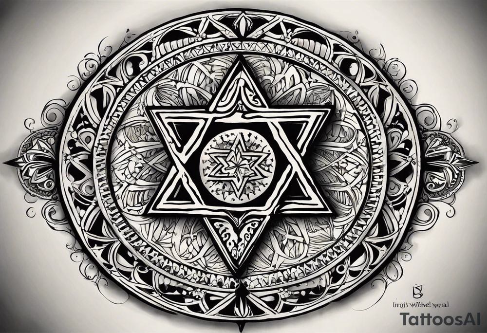 I would like two symmetrical tattoos on the left and right sides of my chest. The main element should be a Star of David (six-pointed star) on each side. Inside each star, I want the Armenian Wheel of Eternity.

	•	The Wheel of Eternity should be placed in the center of the Star of David, with a circular, swirling design to symbolize infinity and continuous life cycles. It should be detailed but simple enough to blend seamlessly with the star.
	•	The overall look should be bold, clean, and geometric, with a modern and minimalist style. tattoo idea