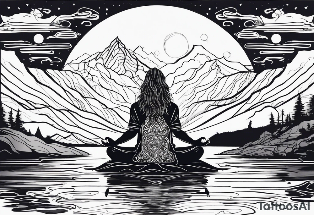 a meditating long haired man by the mountain river, the sky is covered with spiritual pattern tattoo idea