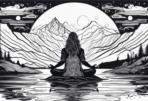 a meditating long haired man by the mountain river, the sky is covered with spiritual pattern tattoo idea