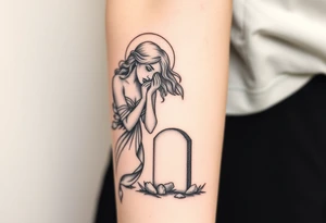 Beautiful woman angel crying over a tombstone tattoo idea