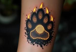 Veles' Paw — A realistic bear paw print with three sharp claws, overlaid on dark earthy soil, with Veles’ spiral rune glowing in golden-yellow within the central pad. tattoo idea