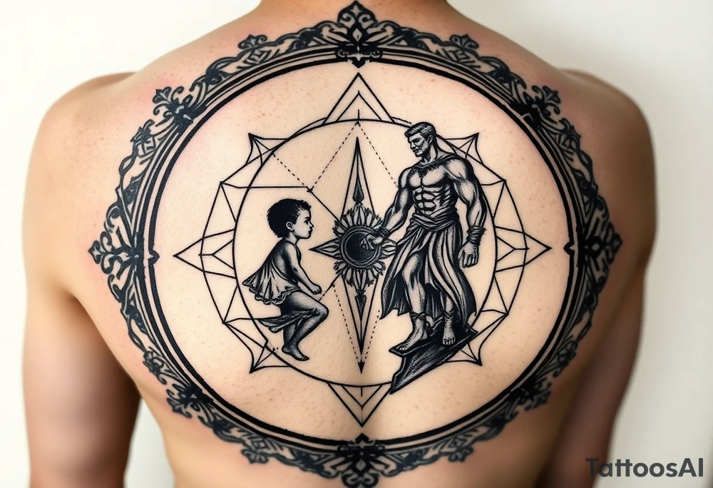 Ornate mirror reflecting dual image, left side shows small child silhouette dissolving into geometric patterns that reform as strong adult figure on right side, continuous transformation flow between them, sacred geometry frame, no cracks or breaks, flowing transition showing evolution not separation, black and grey, upper arm tattoo tattoo idea