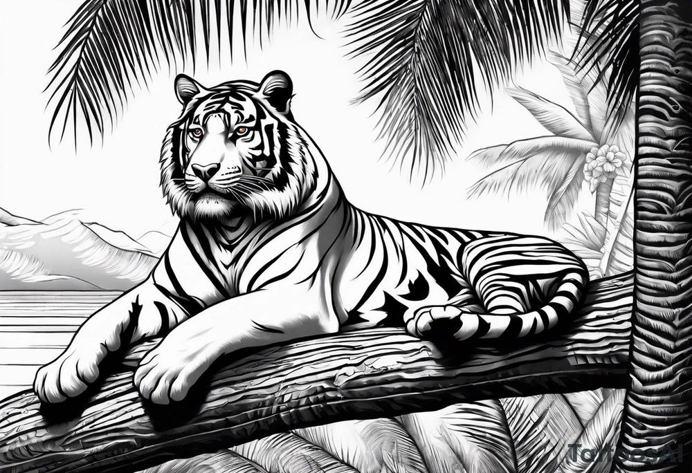 tiger laying on palm tree tattoo idea