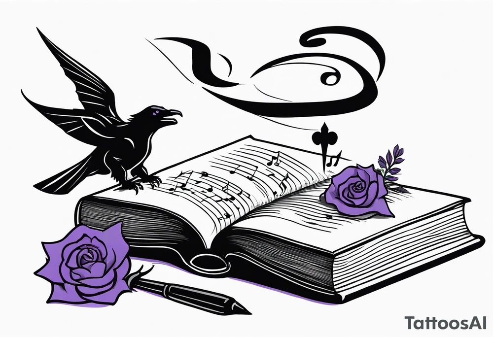 an open book with a dragon flying over, a pawn chess piece to the right, a single music note just above, a raven perched on the book corner with a sprig of lavender in its mouth tattoo idea