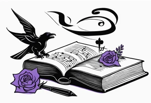 an open book with a dragon flying over, a pawn chess piece to the right, a single music note just above, a raven perched on the book corner with a sprig of lavender in its mouth tattoo idea