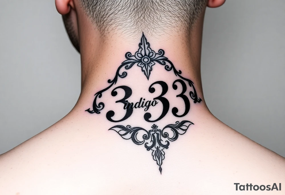 Spiritual number 333 with the name indigo in it small to medium tattoo on right side of 
neck tattoo idea