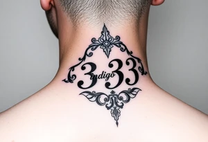 Spiritual number 333 with the name indigo in it small to medium tattoo on right side of 
neck tattoo idea