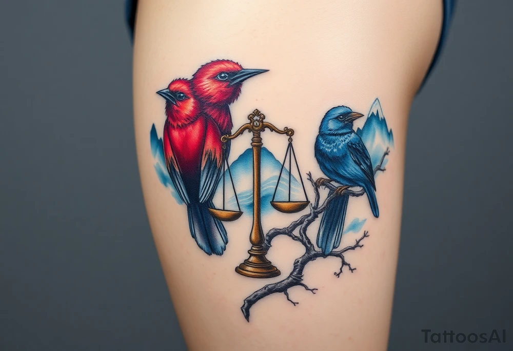 2 birds as the focus, one of the birds red wearing a suit, other bird navy blue with glasses or holding a book, scales of justice built into a tree, starry night painting and mountain background tattoo idea
