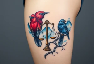 2 birds as the focus, one of the birds red wearing a suit, other bird navy blue with glasses or holding a book, scales of justice built into a tree, starry night painting and mountain background tattoo idea