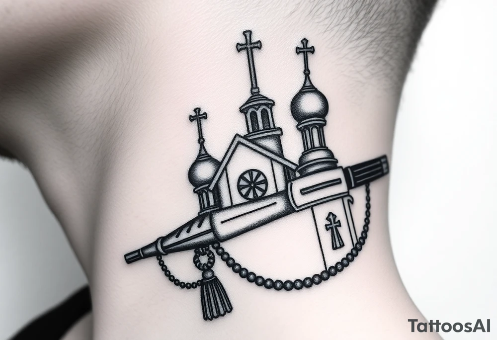 russian orthodox church with the crosses above being christian orthodox but in a AK47 style with a beaded orthodox thurible chain tattoo idea