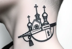 russian orthodox church with the crosses above being christian orthodox but in a AK47 style with a beaded orthodox thurible chain tattoo idea
