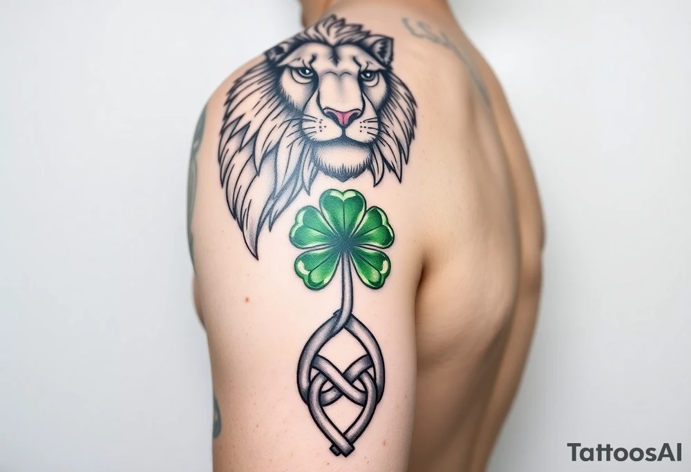 Show on a man's arm. Create a men's half-sleeve tattoo featuring a mighty, majestic face-forward lion at the top of the shoulder. Extend the bottom of the lion's mane to create open and shaded Celtic knots that travel down the arm, incorporating a ribbon twist. At the twist, make a Celtic shamrock with green peridot jewel petals and an organic stem. Continue the knots to intersect with a Celtic warrior armband that wraps the arm just above the elbow. tattoo idea