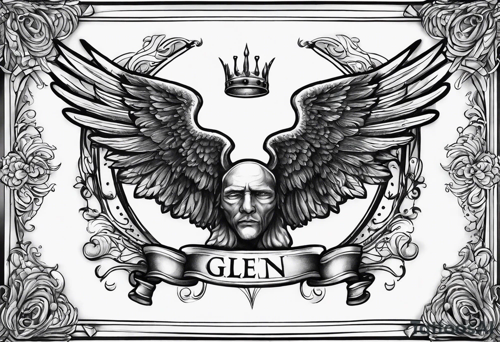 The word Glenn on a banner with angel Wings tattoo idea