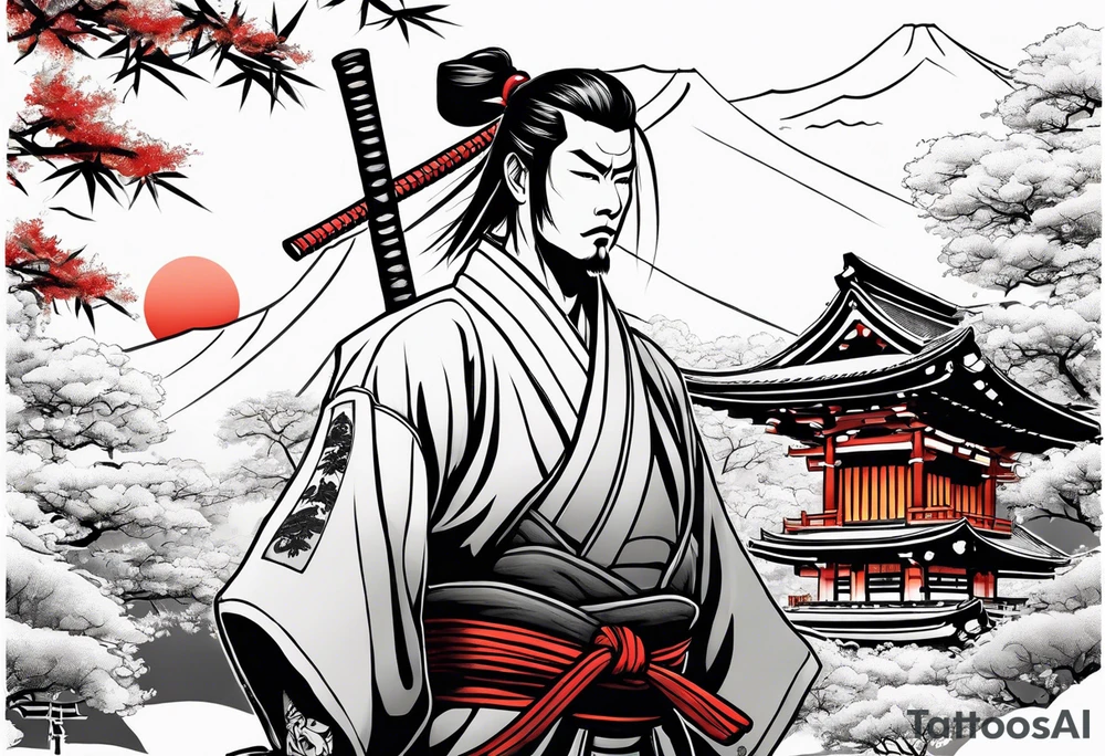 Irezumi style samurai in front of shinto shrine in bamboo grove tattoo idea