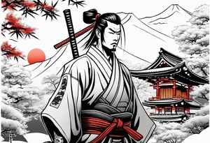 Irezumi style samurai in front of shinto shrine in bamboo grove tattoo idea
