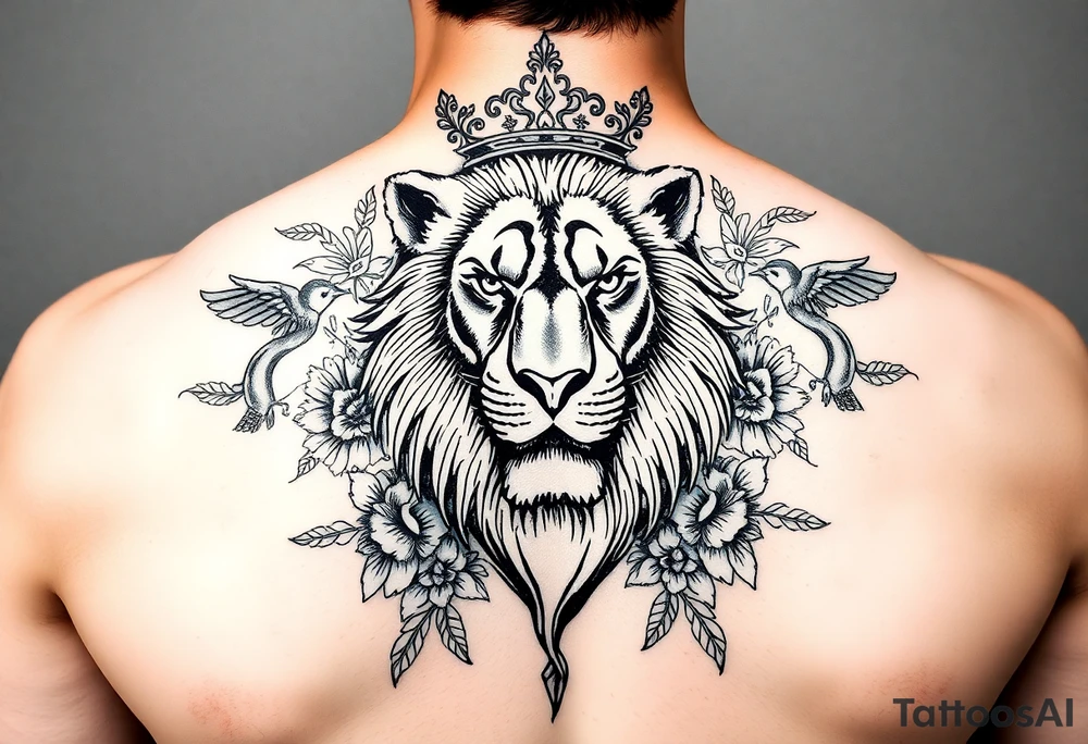 powerful majestic lion with a crown, surrounded by floral ornaments and birds tattoo idea